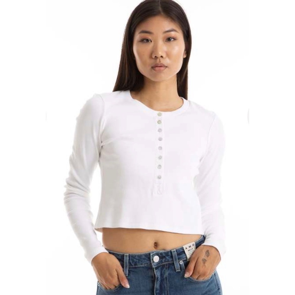 AMO Rib Henley Top Womens Large White Long Sleeve Cotton Blend Casual Streetwear